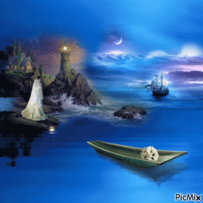 A Painting Of A Woman In A White Dress Standing On A Rock Near The Ocean With A Boat In The Foreground GIF