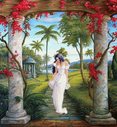 A Painting Of A Woman In A White Dress Walking Through A Pergola With Red Flowers GIF