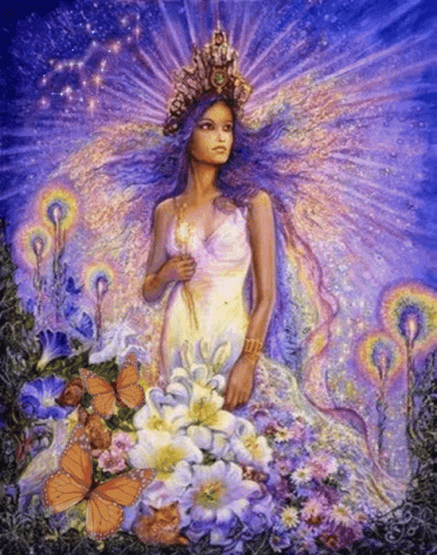 A Painting Of A Woman In A White Dress With A Crown On Her Head GIF
