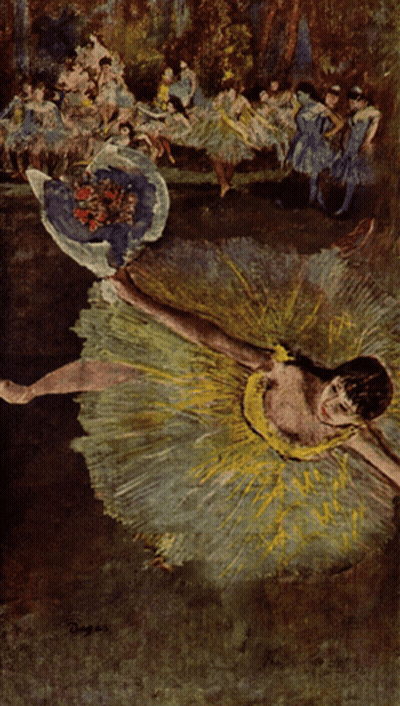 A Painting Of A Woman In A Yellow And Green Tutu GIF