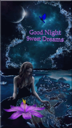 A Painting Of A Woman In The Water With The Words Good Night Sweet Dreams GIF