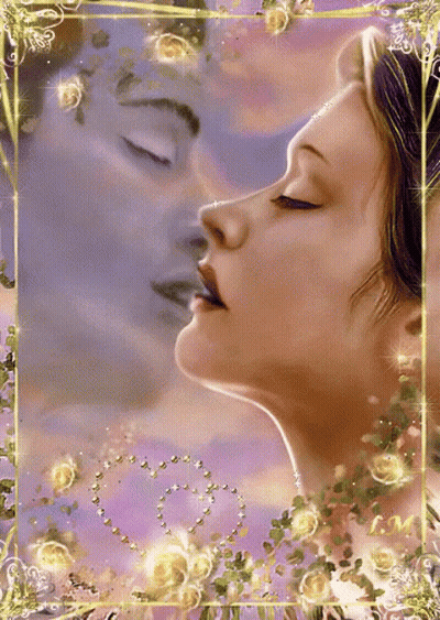 A Painting Of A Woman Kissing A Man With A Heart In The Background GIF