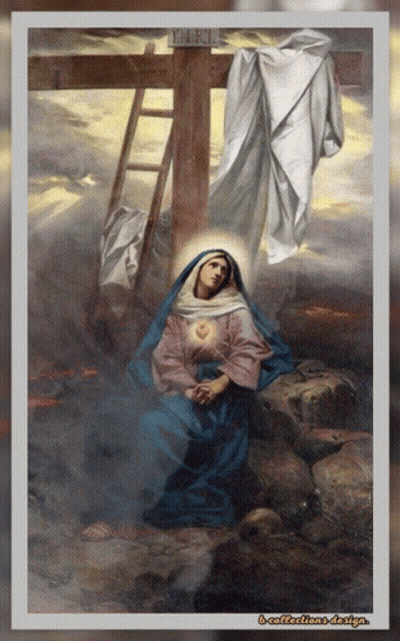 A Painting Of A Woman Kneeling Under A Cross With The Word Jesus Visible GIF