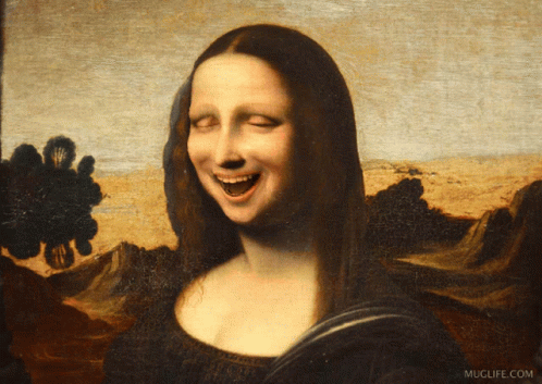 A Painting Of A Woman Laughing With Muglife.com Written On The Bottom Right GIF