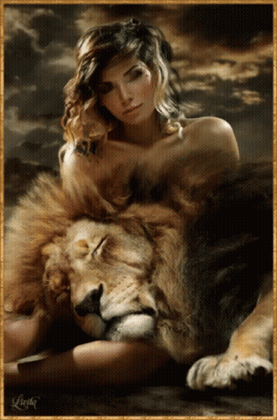 A Painting Of A Woman Laying Next To A Lion With The Name Frilka On The Bottom Right GIF