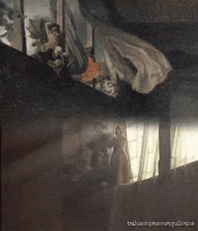 A Painting Of A Woman Laying On A Bed With A Reflection Of Her In The Window GIF