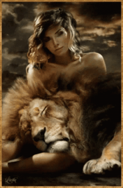 A Painting Of A Woman Laying On Top Of A Lion With A Gold Frame GIF