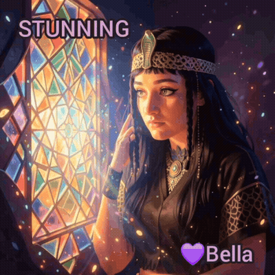 A Painting Of A Woman Looking Out A Stained Glass Window With The Words Stunning Below Her GIF