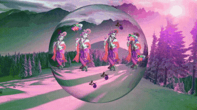 A Painting Of A Woman Playing A Flute In A Bubble With Mountains In The Background GIF