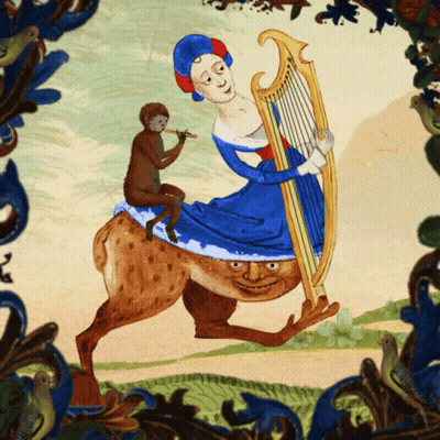 A Painting Of A Woman Playing A Harp With A Monkey Playing A Flute GIF