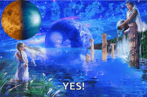 A Painting Of A Woman Pouring Water Into A River With The Words " Yes " In The Bottom Right Corner GIF
