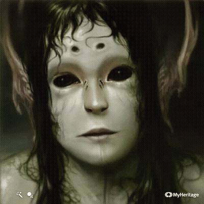 A Painting Of A Woman 'S Face Is Displayed On A Website Called Myheritage GIF