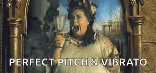 A Painting Of A Woman Screaming In Front Of A Mirror With The Words `` Perfect Pitch & Vibrato '' Written Below Her . GIF