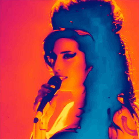 A Painting Of A Woman Singing Into A Microphone Against A Colorful Background GIF