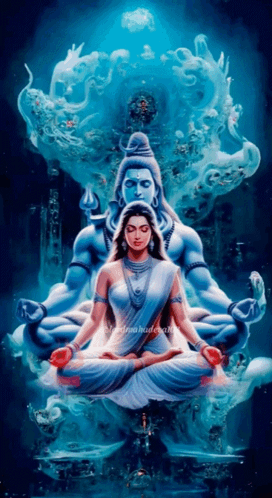A Painting Of A Woman Sitting In A Lotus Position With A Statue Of Shiva Behind Her GIF