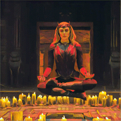 A Painting Of A Woman Sitting In A Lotus Position With Candles Around Her GIF