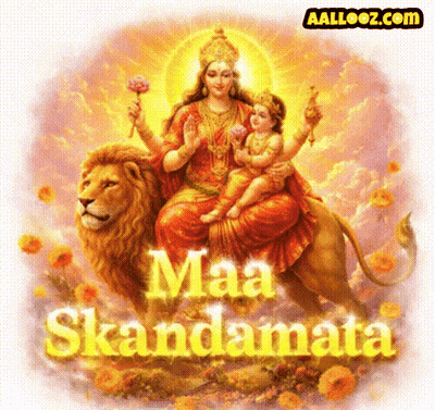 A Painting Of A Woman Sitting On A Lion With The Words Maa Skandamata Above Her GIF
