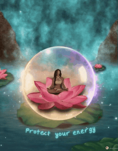 A Painting Of A Woman Sitting On A Lotus Flower With The Words " Protect Your Energy " Written Below Her GIF