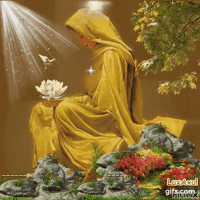 A Painting Of A Woman Sitting On A Rock Holding A Flower GIF