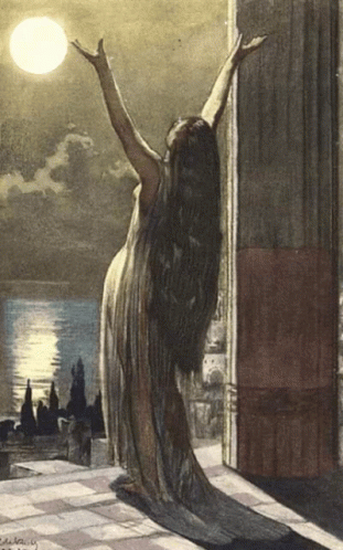 A Painting Of A Woman Standing In Front Of A Full Moon With Her Arms Up GIF