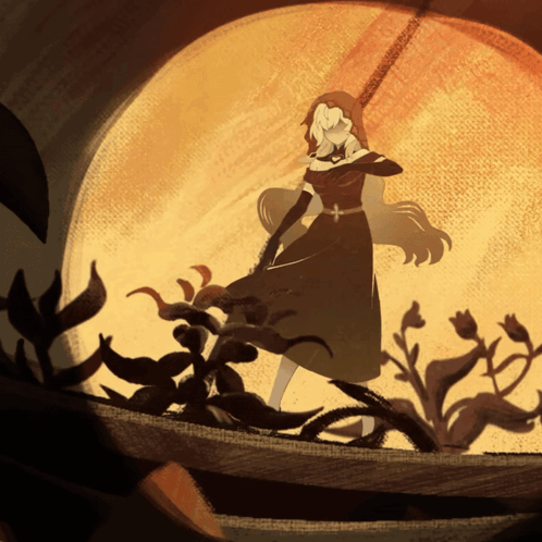A Painting Of A Woman Standing In Front Of A Sunset GIF