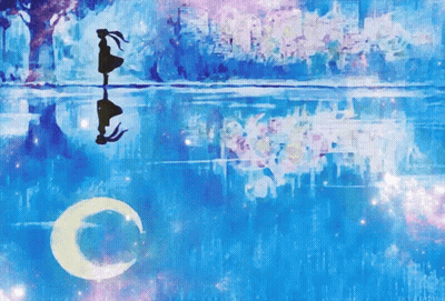 A Painting Of A Woman Standing In The Water With A Crescent Moon In The Foreground GIF