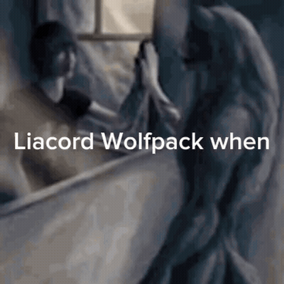A Painting Of A Woman Standing Next To A Man In A Bathtub With The Words Liacord Wolfpack When Below It . GIF