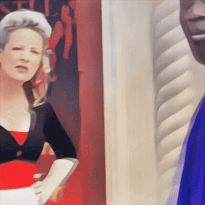A Painting Of A Woman Standing Next To A Man In Front Of A Sign That Says ' S ' On It GIF