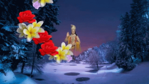 A Painting Of A Woman Surrounded By Flowers And Snow GIF