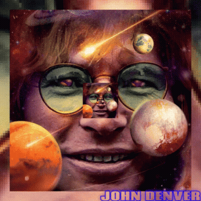 A Painting Of A Woman Surrounded By Planets With The Name John Denver Below It GIF