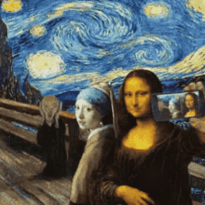 A Painting Of A Woman Taking A Picture Of Herself In Front Of A Starry Sky GIF