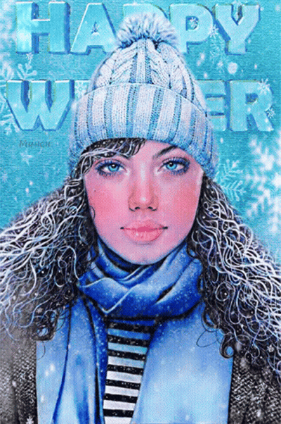 A Painting Of A Woman Wearing A Hat And Scarf With The Words Happy Winter Above Her GIF