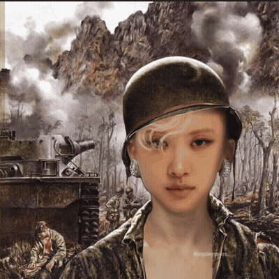 A Painting Of A Woman Wearing A Helmet And Earrings With The Word Amber On The Bottom GIF
