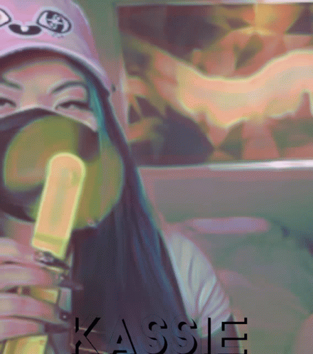 A Painting Of A Woman Wearing A Mask And Holding A Popsicle With The Name Kassie On It GIF
