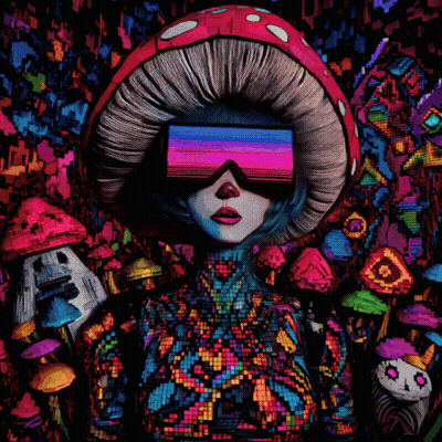 A Painting Of A Woman Wearing A Mushroom Hat And Sunglasses GIF