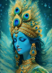A Painting Of A Woman Wearing A Peacock Feather Crown And Earrings GIF