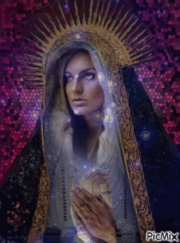 A Painting Of A Woman Wearing A Veil And A Crown With The Words Picmix On The Bottom Right GIF