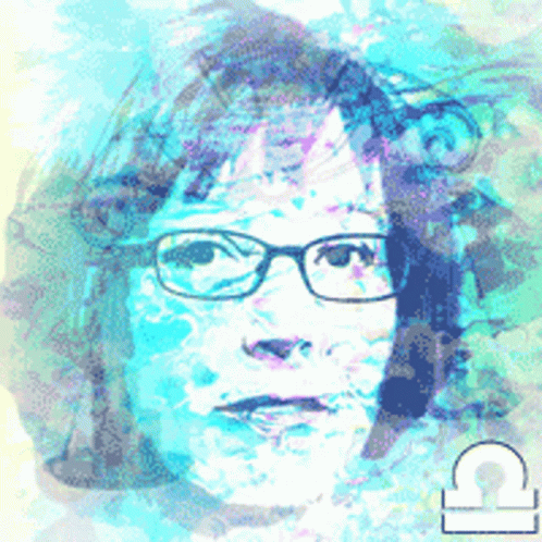 A Painting Of A Woman Wearing Glasses With A Libra Symbol In The Corner GIF