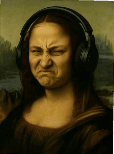 A Painting Of A Woman Wearing Headphones And Making A Funny Face GIF