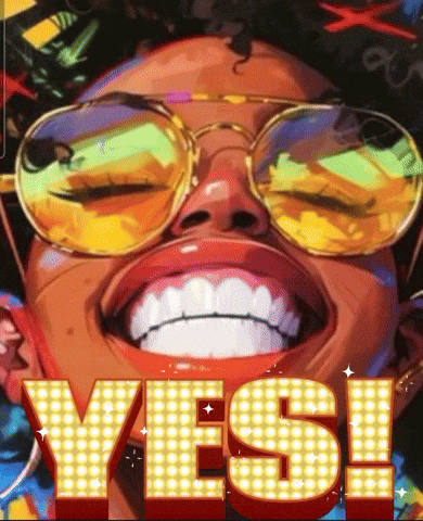 A Painting Of A Woman Wearing Sunglasses With The Word Yes Behind Her GIF