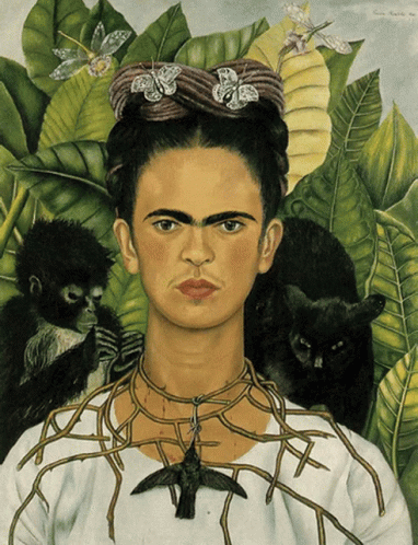 A Painting Of A Woman With A Bird Necklace And A Black Cat GIF