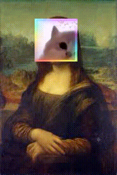 A Painting Of A Woman With A Dog On Her Head GIF