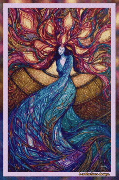 A Painting Of A Woman With A Long Blue Dress And A Purple Background GIF