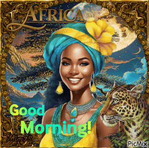 A Painting Of A Woman With A Turban And A Leopard Saying Good Morning GIF