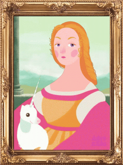 A Painting Of A Woman With A Unicorn In Her Arms GIF