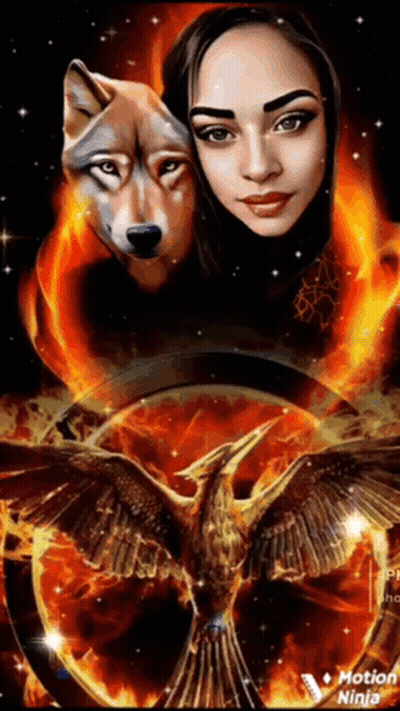 A Painting Of A Woman With A Wolf Behind Her GIF