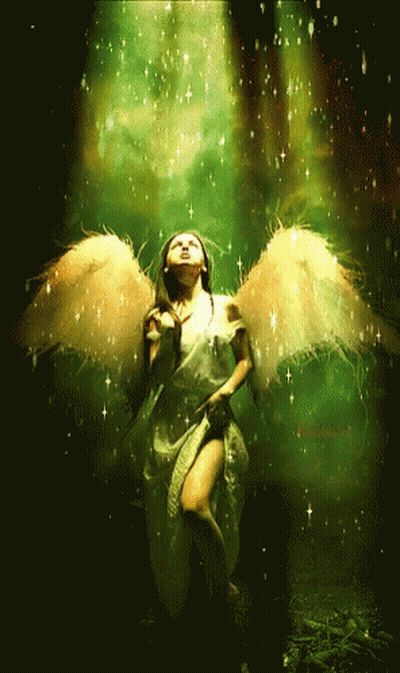 A Painting Of A Woman With Angel Wings In A Dark Forest GIF