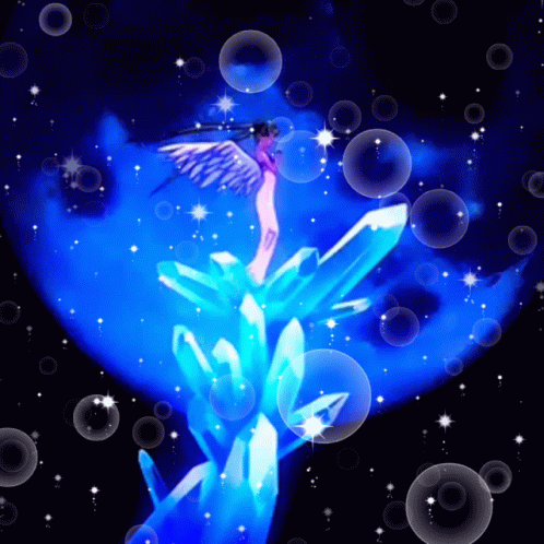 A Painting Of A Woman With Angel Wings Surrounded By Crystals And Bubbles GIF