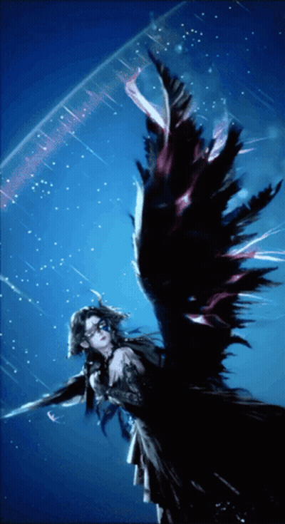 A Painting Of A Woman With Black Wings And A Blue Background GIF