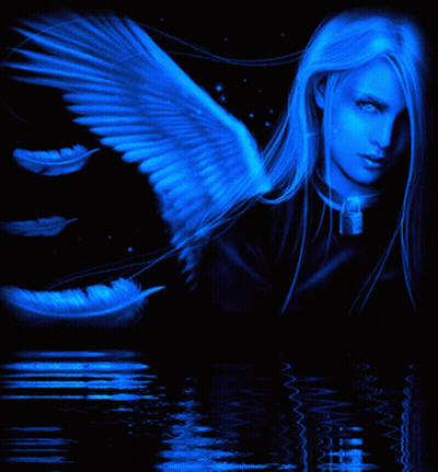 A Painting Of A Woman With Blue Wings And Feathers GIF